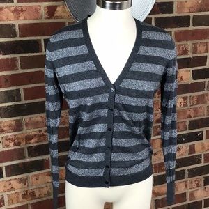 Gray and silver metallic wide stripe cardigan sweater with v-neck Size medium